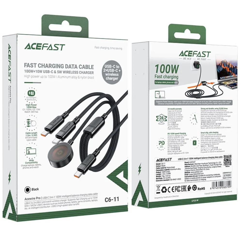 Acefast C6-11 USB-C 3-in-1 100W Intelligent Balance Charging Data Cable - Black - Image 7