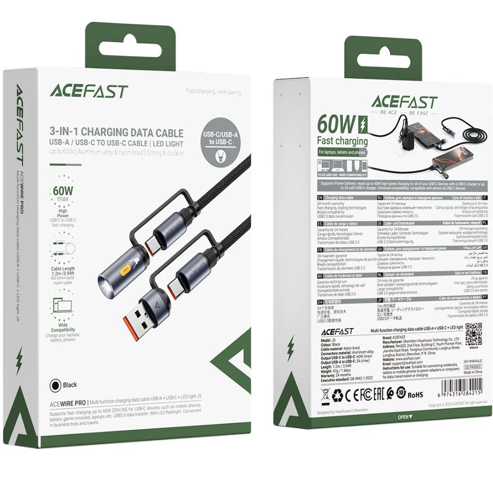 Acefast Charging Data Cable J5 USB-C to USB-A/LED Light - Black - Image 5