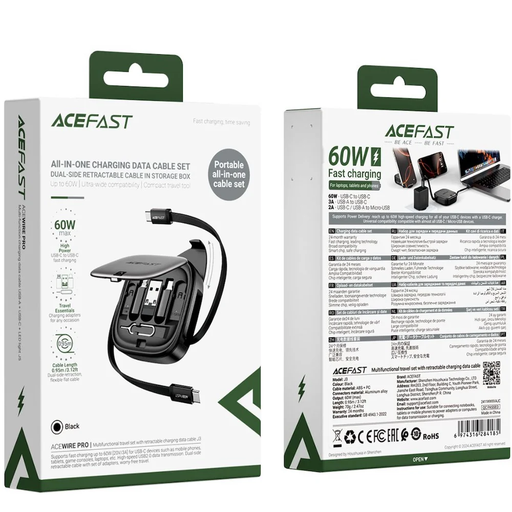 Acefast J3 Multifunctional Travel Set With Retractable Charging Data Cable - Black - Image 6