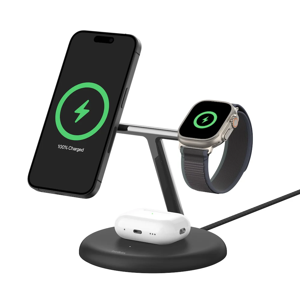 Belkin Qi2 3-in-1 Wireless Charging Stand (Black) - Image 3