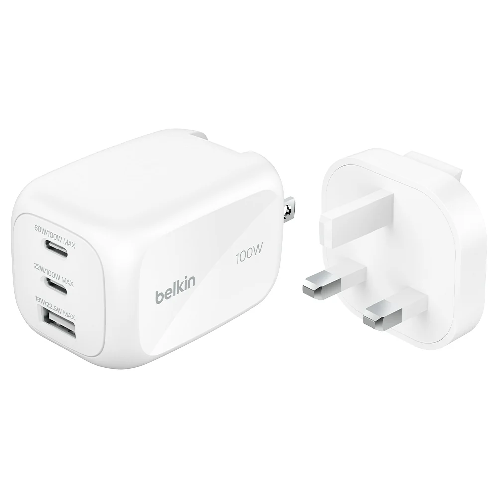 Belkin BoostCharge Pro 100W 3-Ports GAN Wall Charger with International Plug White