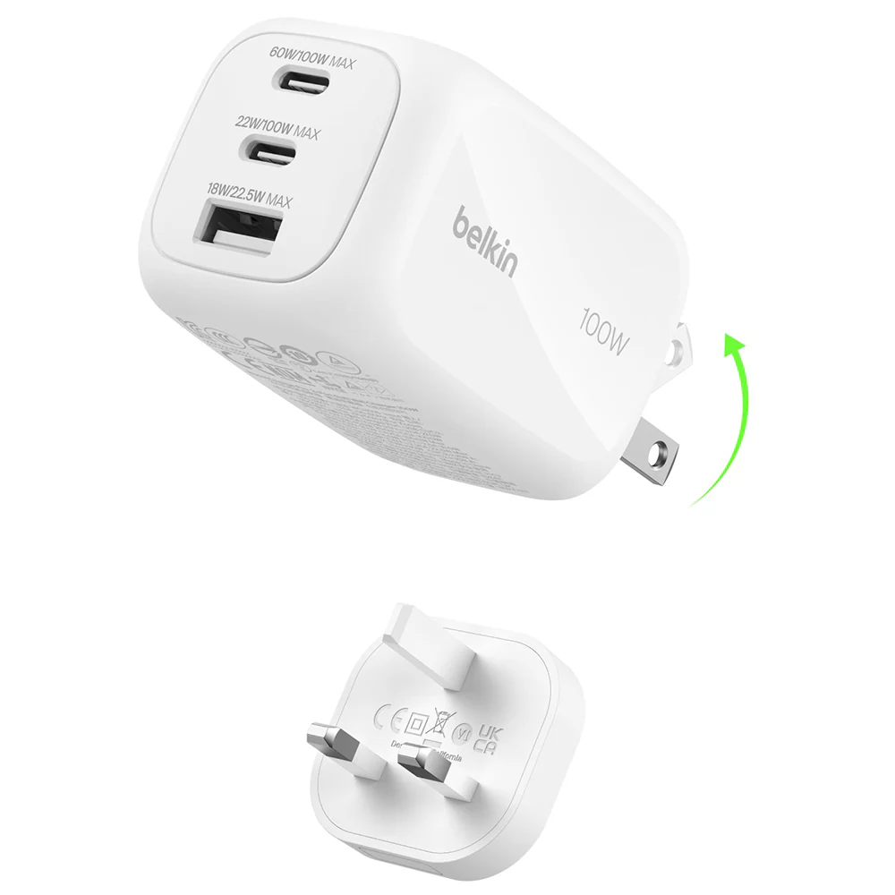 Belkin BoostCharge Pro 100W 3-Ports GAN Wall Charger with International Plug White - Image 4