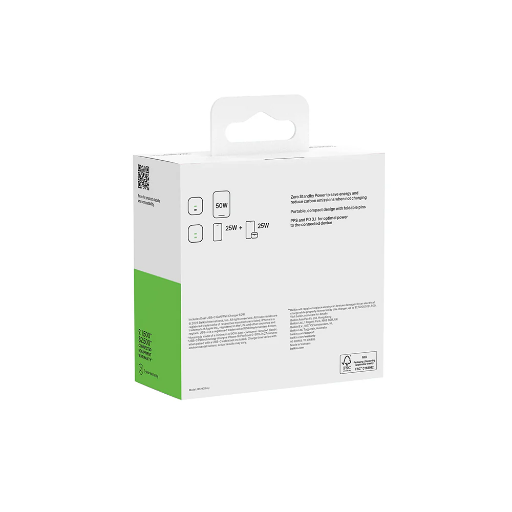 Belkin BoostCharge Pro Dual USB-C GaN Wall Charger 50W - White - Image 3
