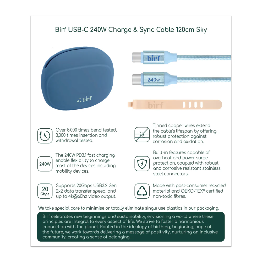 Birf Cable USB-C to C 240W Charge & Sync 120cm - Sky - Image 2