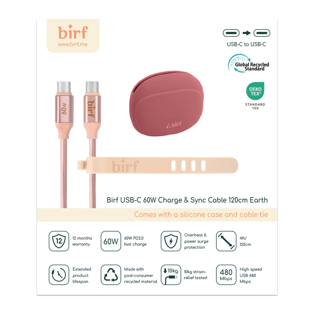Birf Cable USB-C to C 60W Charge & Sync 120cm - Earth