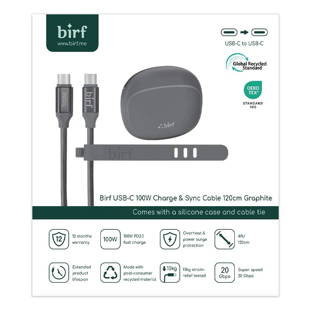 Birf Cable USB-C to C 100W Charge & Sync 120cm - Graphite