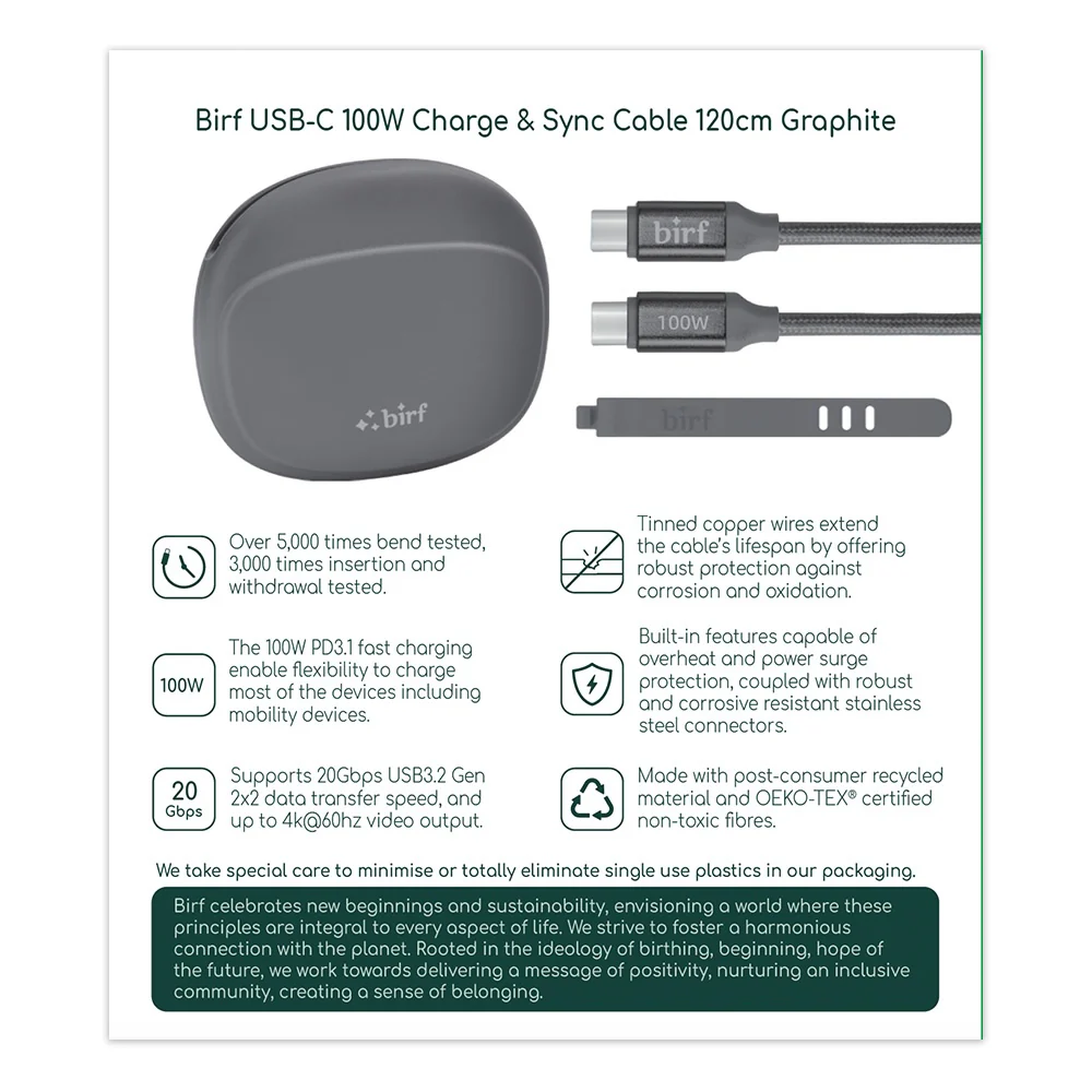 Birf Cable USB-C to C 100W Charge & Sync 120cm - Graphite - Image 2