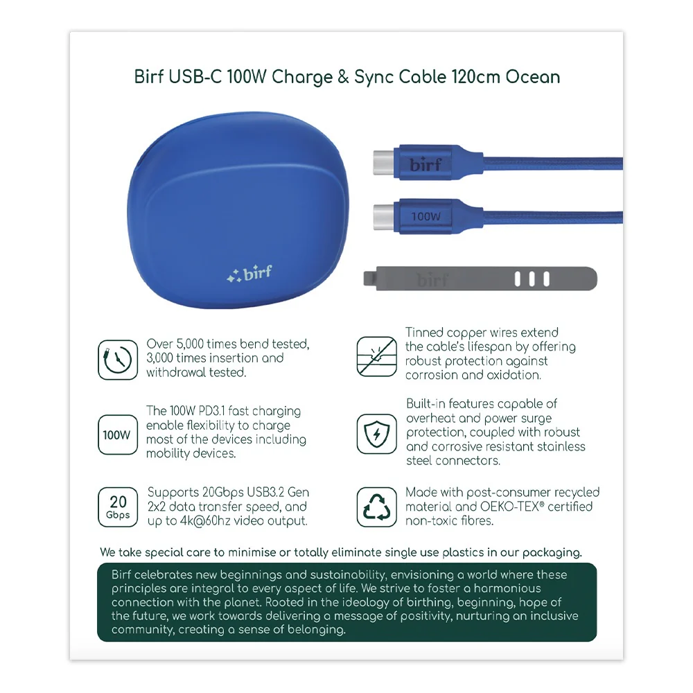 Birf Cable USB-C to C 100W Charge & Sync 120cm - Ocean - Image 2