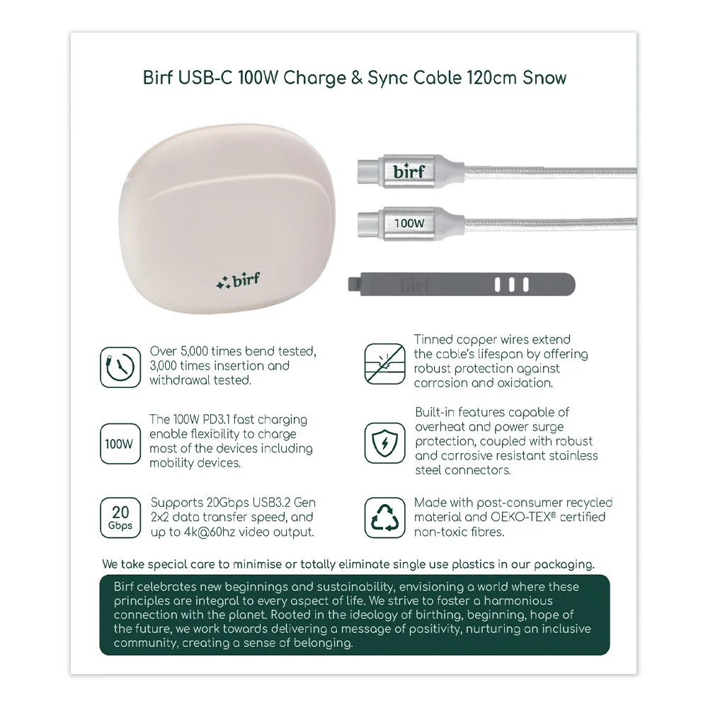 Birf Cable USB-C to C 100W Charge & Sync 120cm - Snow - Image 2