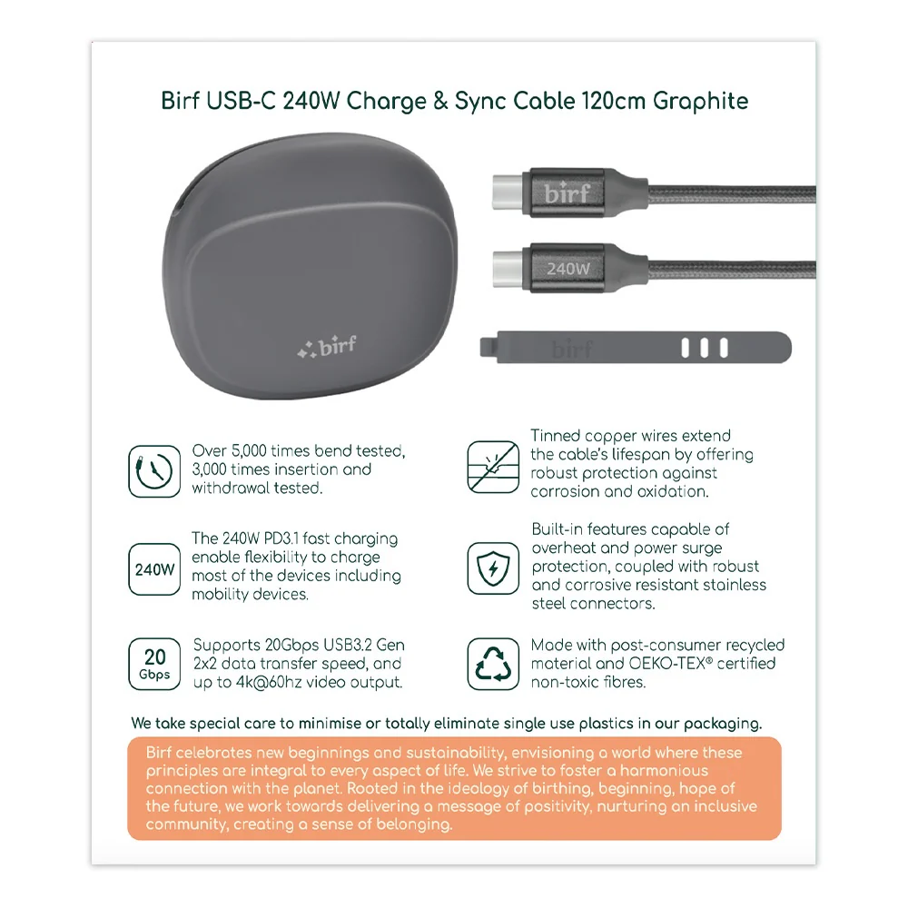 Birf Cable USB-C to C 240W Charge & Sync 120cm - Graphite - Image 2