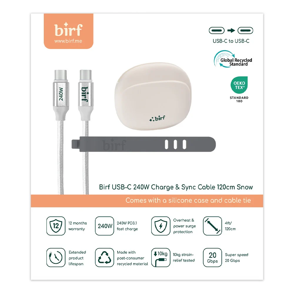 Birf Cable USB-C to C 240W Charge & Sync 120cm - Snow