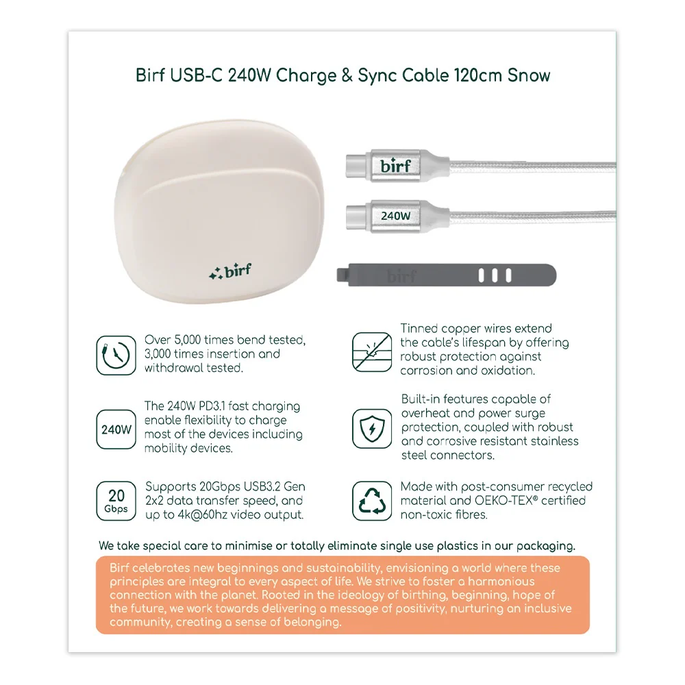 Birf Cable USB-C to C 240W Charge & Sync 120cm - Snow - Image 2