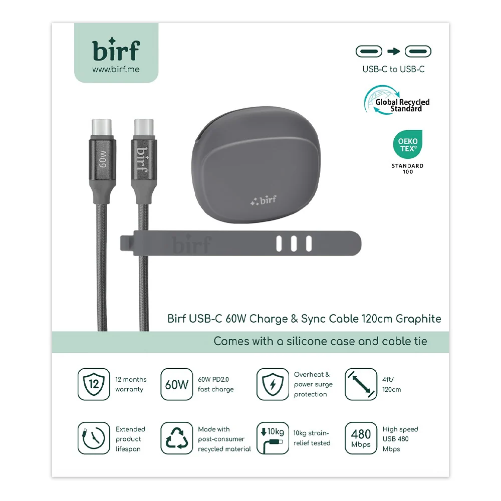 Birf Cable USB-C to C 60W Charge & Sync 120cm - Graphite