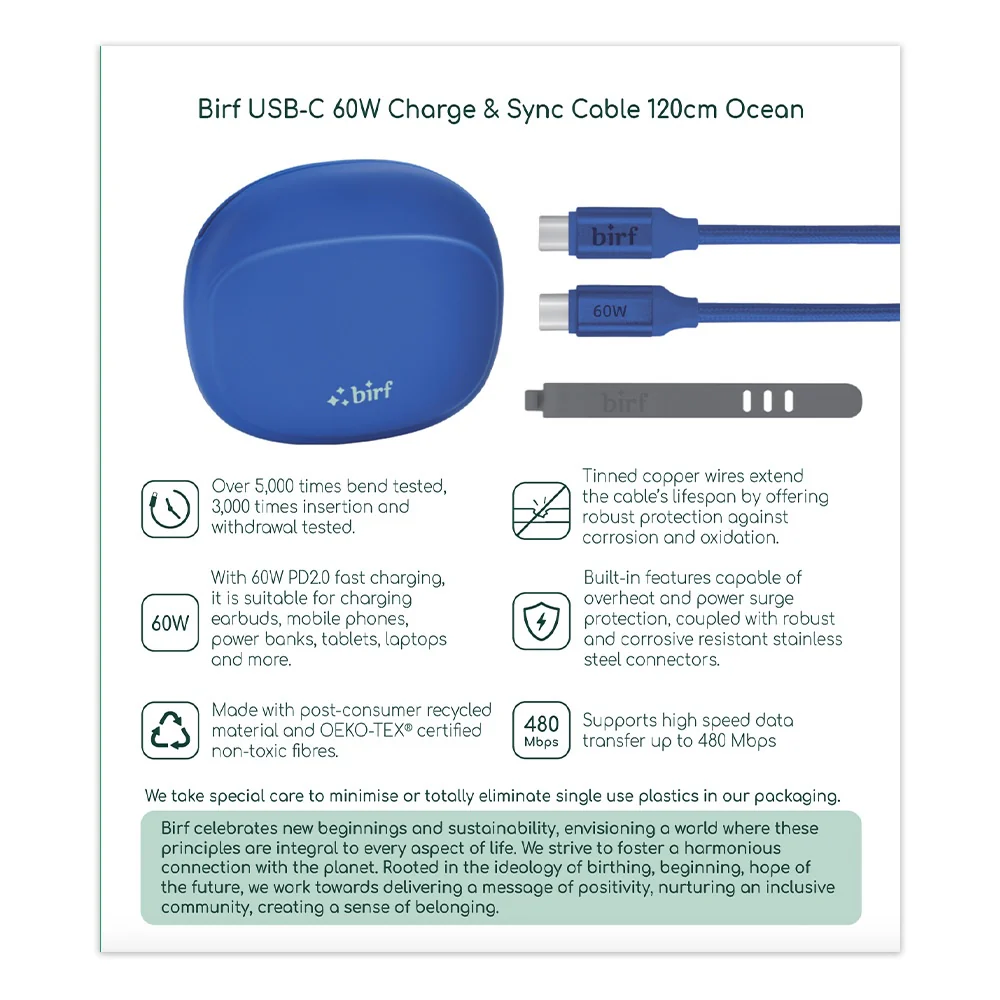 Birf Cable USB-C to C 60W Charge & Sync 120cm - Ocean - Image 2