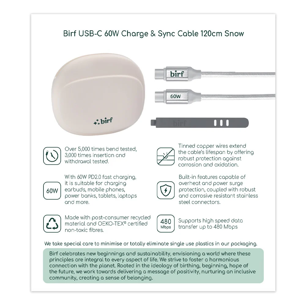 Birf Cable USB-C to C 60W Charge & Sync 120cm - Snow - Image 2