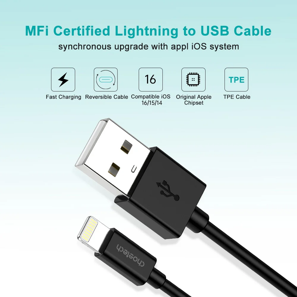 Choetech MFI USB-A to Lightning 1.2m Cable - Black - Image 3