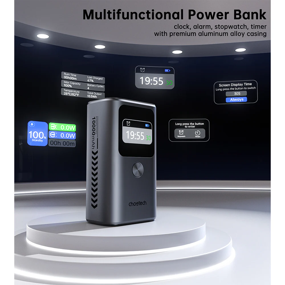 Choetech 10,000mAh PD30W 3Ports & TFT Display Aluminium-alloy Premium Power Bank - Image 7