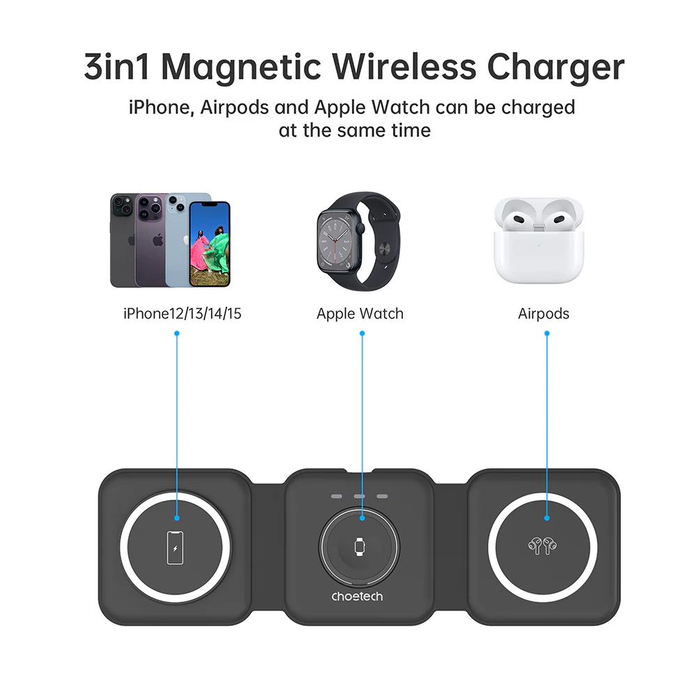 Choetech 3-in-1 Foldable and Portable Magnetic Wireless Charger - Black - Image 4