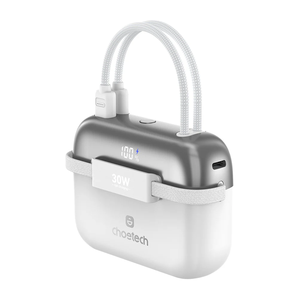 Choetech Mini Bag Digital 10000mAh Power Bank with PD30W Type-C Cable - White