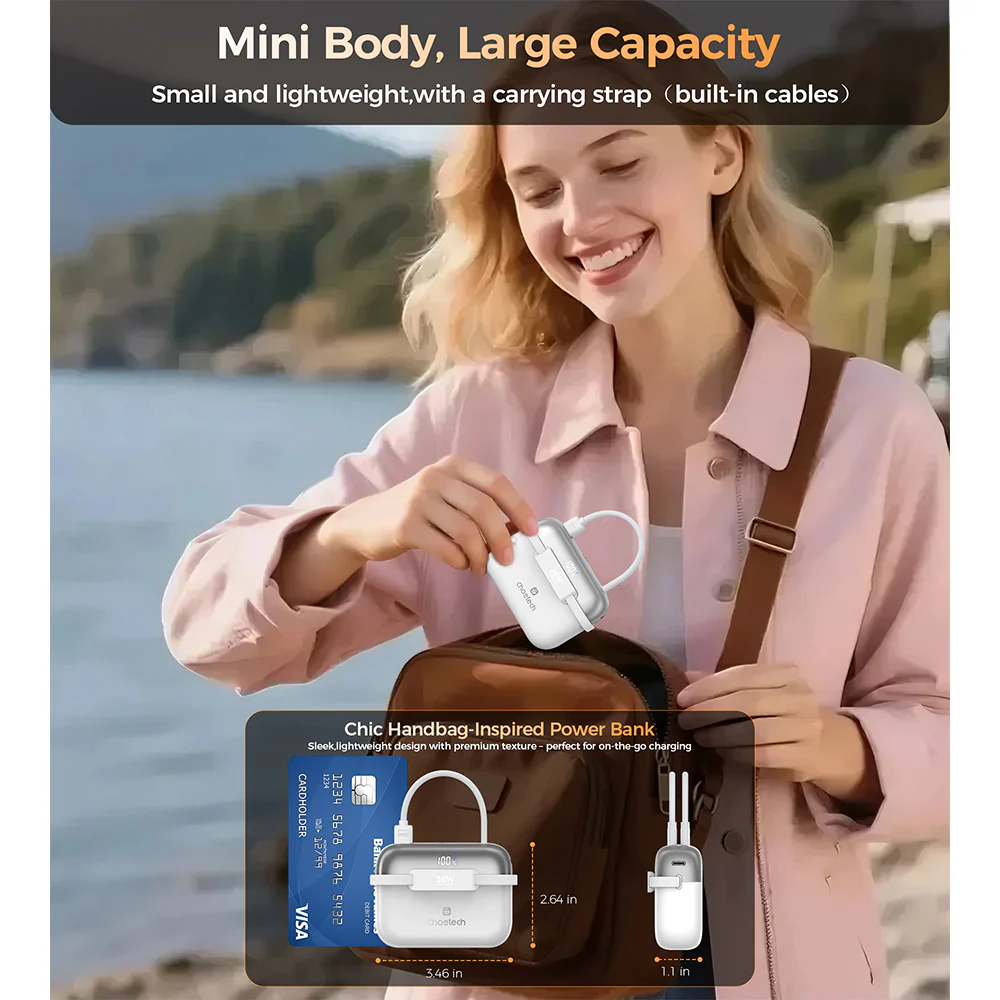 Choetech Mini Bag Digital 10000mAh Power Bank with PD30W Type-C Cable - White - Image 11