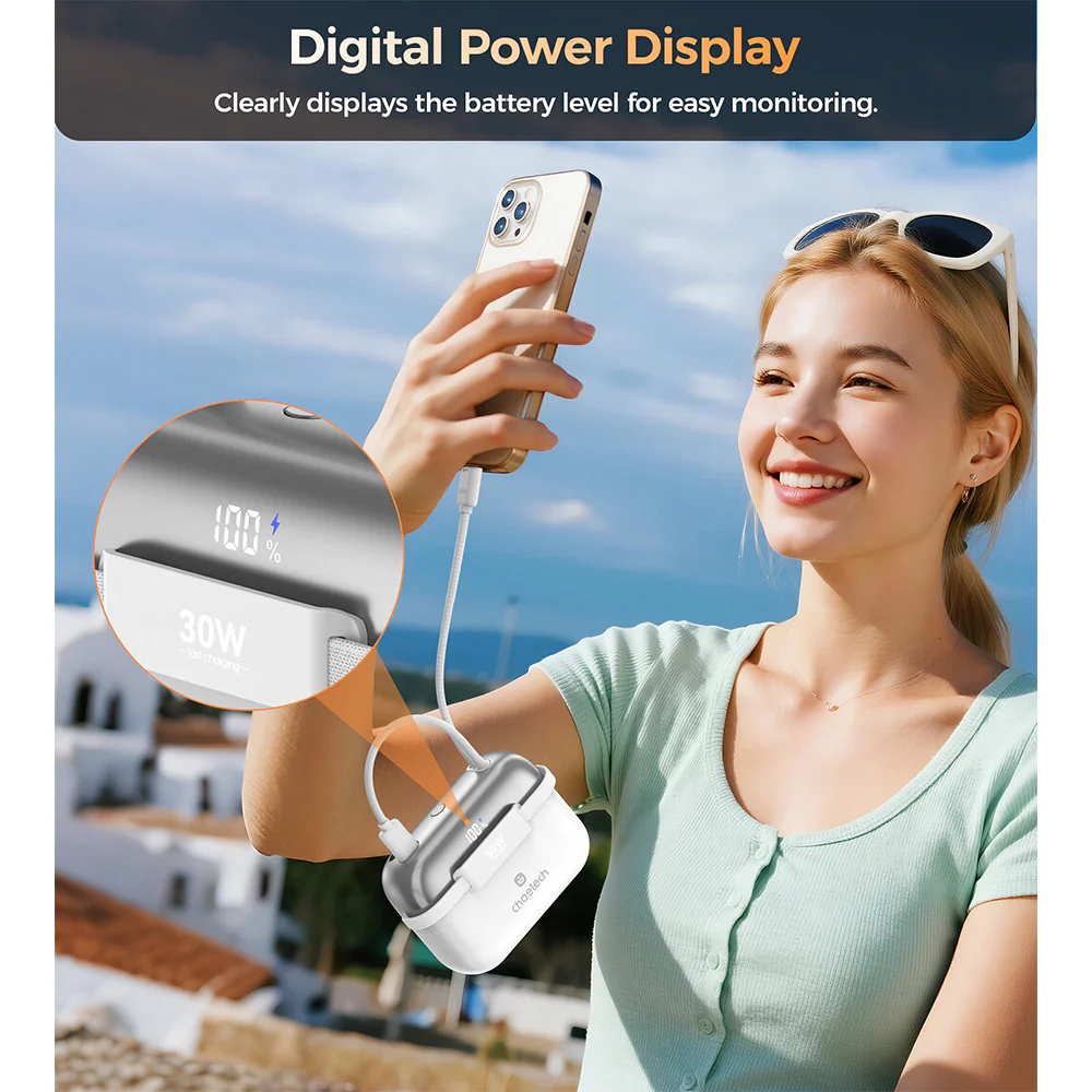 Choetech Mini Bag Digital 10000mAh Power Bank with PD30W Type-C Cable - White - Image 12