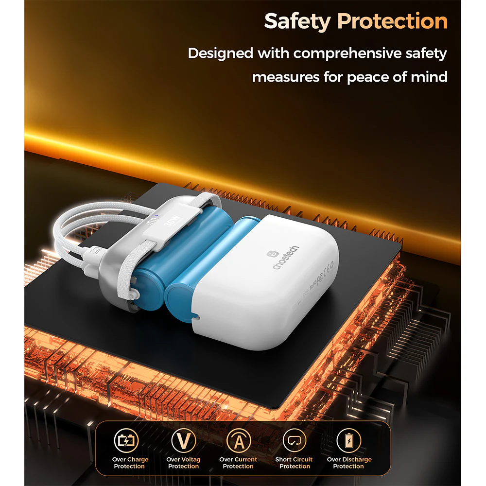 Choetech Mini Bag Digital 10000mAh Power Bank with PD30W Type-C Cable - White - Image 6