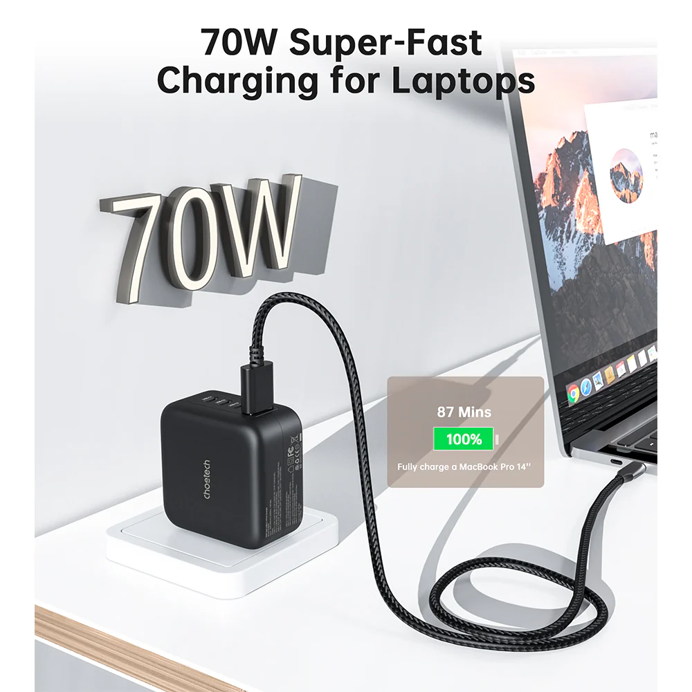 Choetech PD 70W GaN 3 USB-C+1 USB-A Multiple Plugs Charger - Image 4