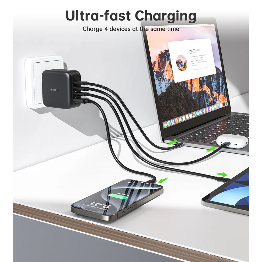 Choetech PD 70W GaN 3 USB-C+1 USB-A Multiple Plugs Charger - Image 5