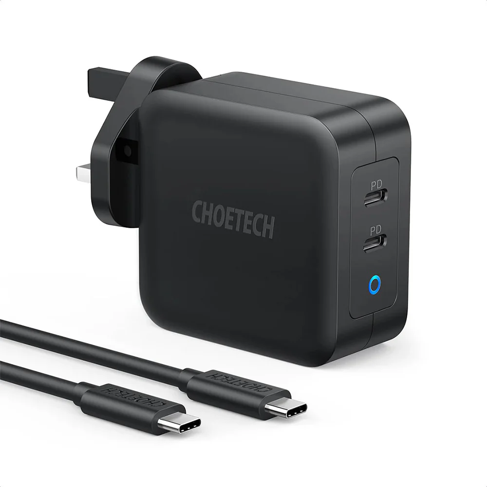 Choetech PD100W GaN Dual USB-C Wall Charger with C-to-C Cable - Black