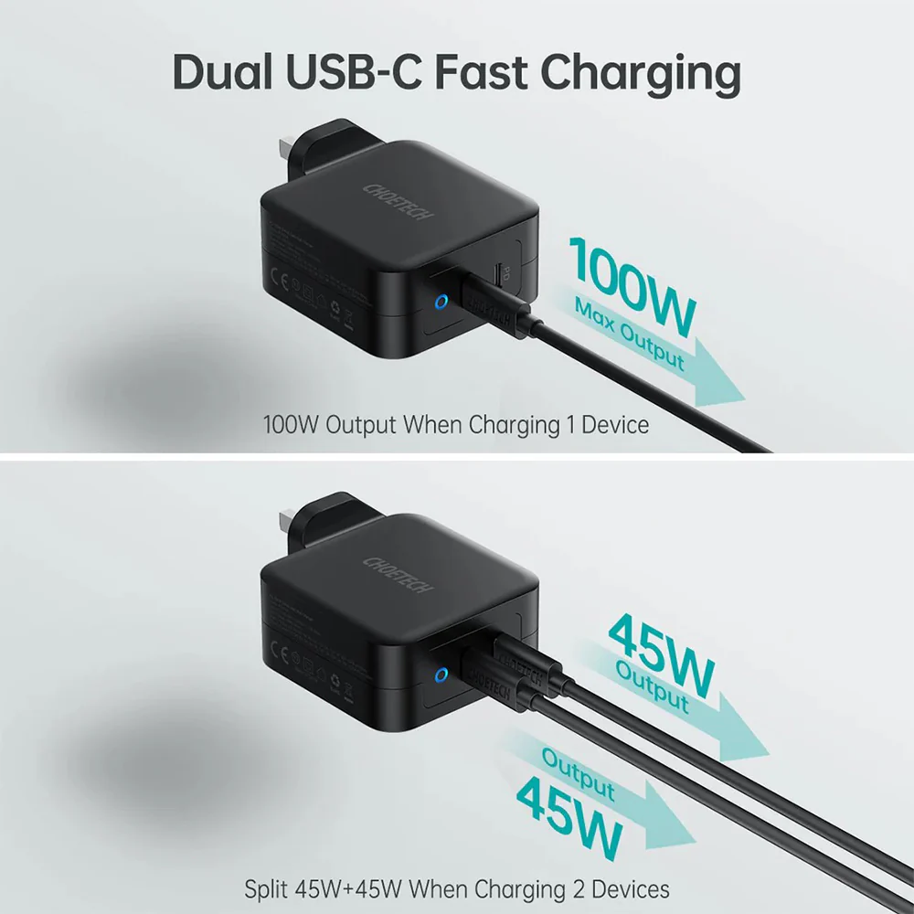 Choetech PD100W GaN Dual USB-C Wall Charger with C-to-C Cable - Black - Image 5
