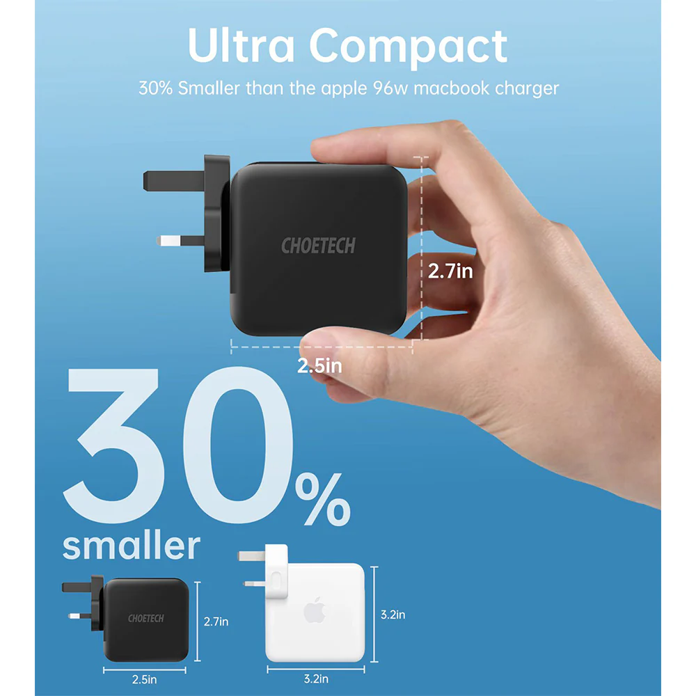 Choetech PD100W GaN Dual USB-C Wall Charger with C-to-C Cable - Black - Image 6