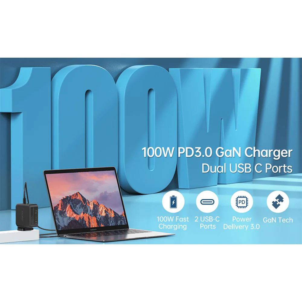Choetech PD100W GaN Dual USB-C Wall Charger with C-to-C Cable - Black - Image 9