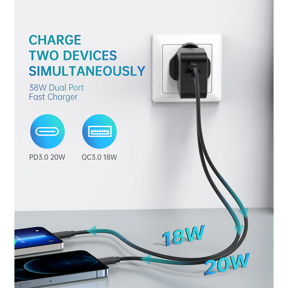 Choetech PD38W GaN USB A+C Wall Charger with C-C Cable - Black - Image 3
