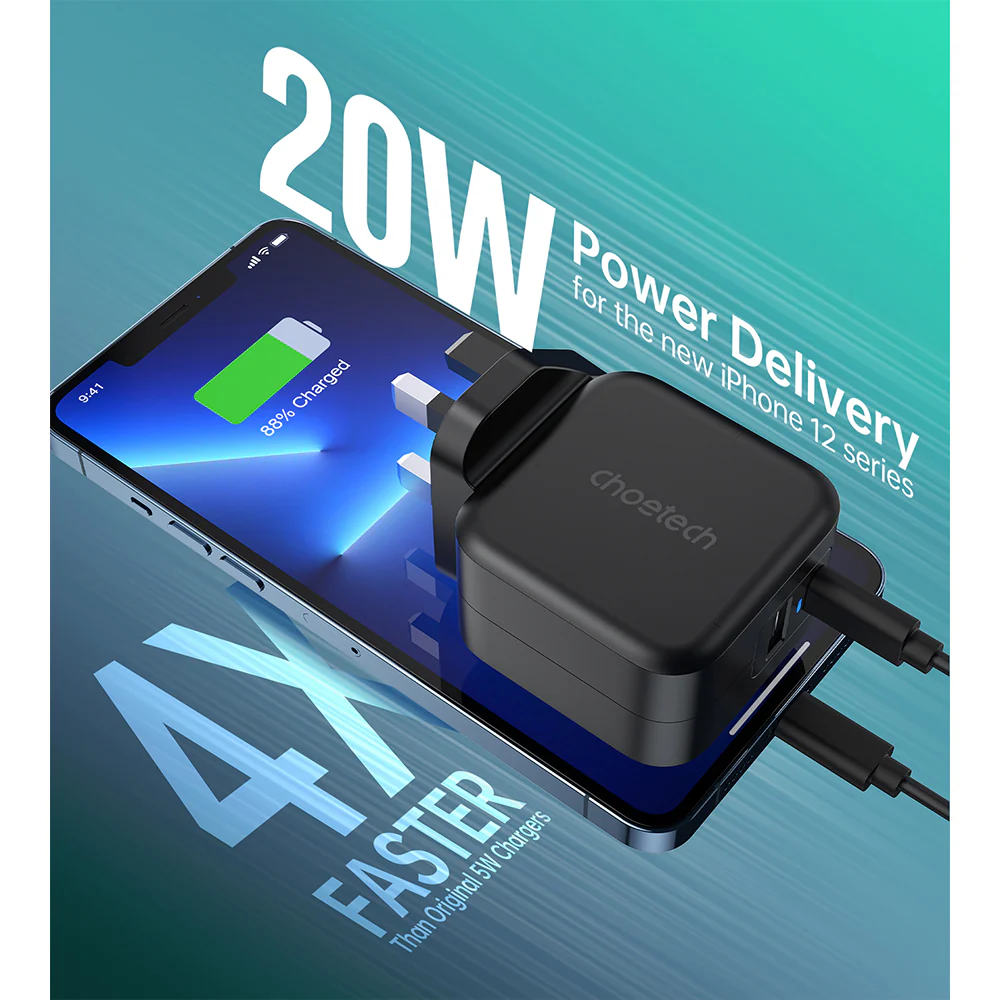 Choetech PD38W GaN USB A+C Wall Charger with C-C Cable - Black - Image 4