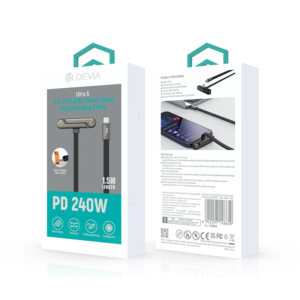 DEVIA Ultra6 USB-C to C 240W Phone Stand Fast Charging Cable 1.2m Black - Image 8