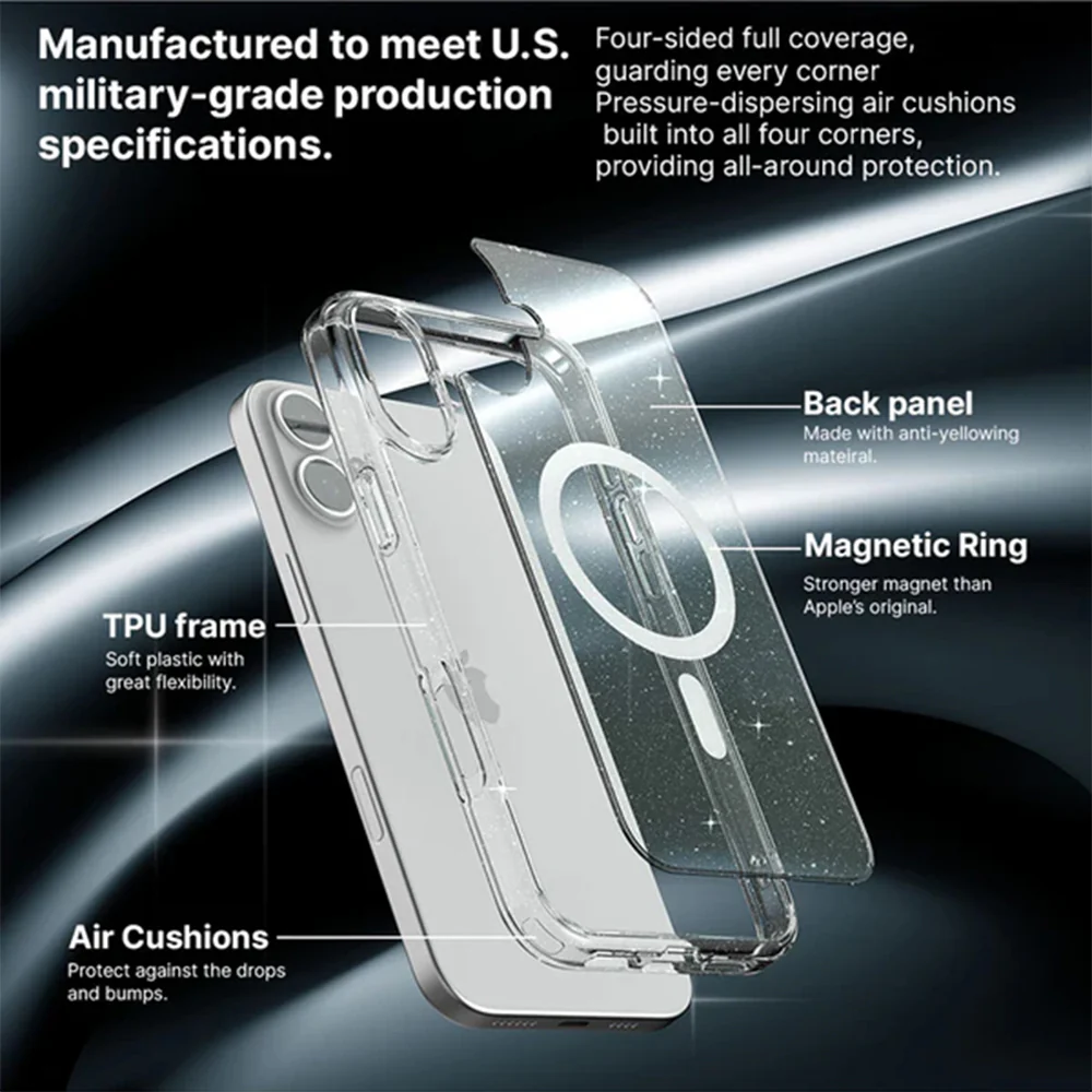 JTLEGEND Glitter Mag Hybrid Cushion Case with MagSafe for iPhone 16 Pro - Clear - Image 4