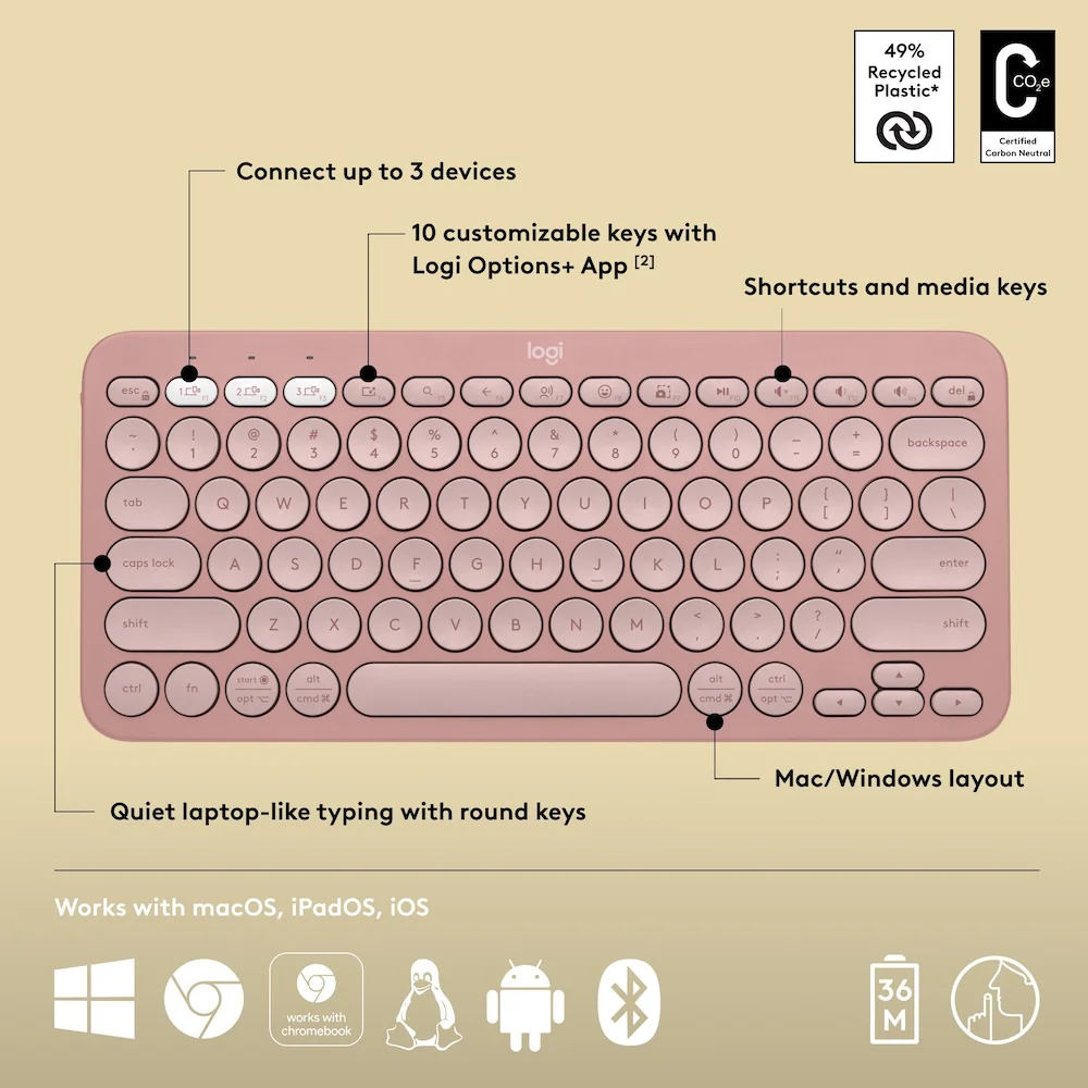Logitech Pebble Keys 2 K380s Tonal Rose - Image 6