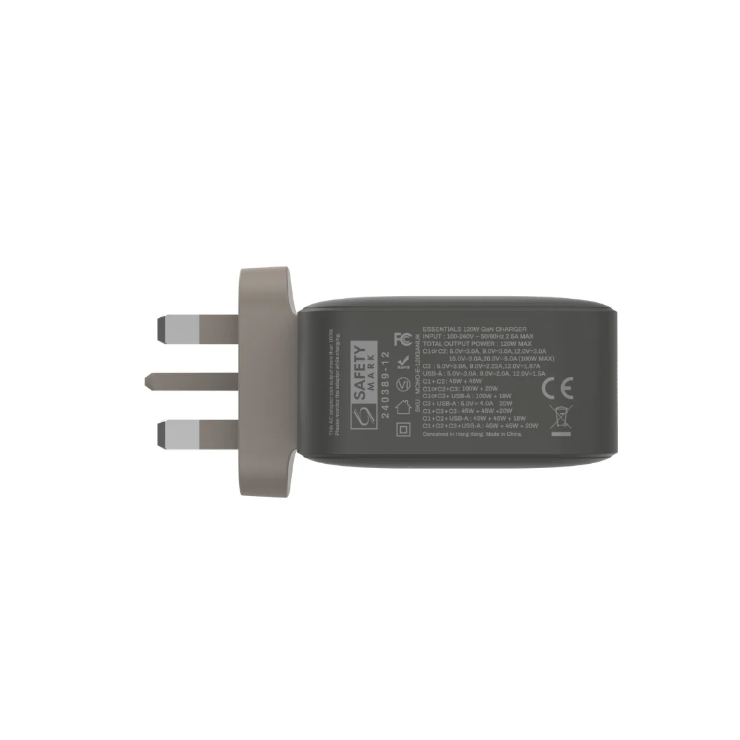 Monocozzi ESSENTIALS | 120W 3-Ports USB C USB A GaN Charger (UK) - Charcoal - Image 6