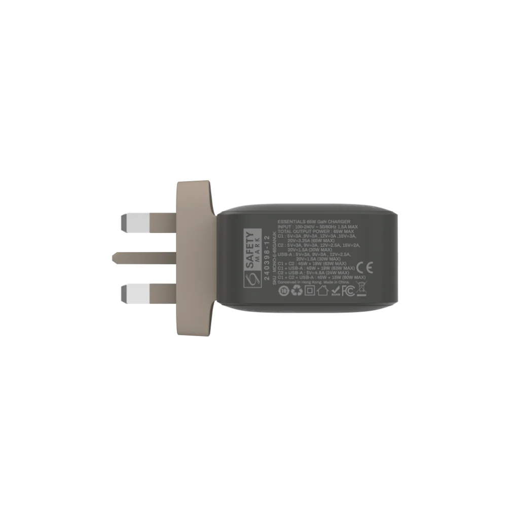Monocozzi ESSENTIALS | 65W 3-Ports USB C USB A GaN Charger (UK) - Charcoal - Image 6