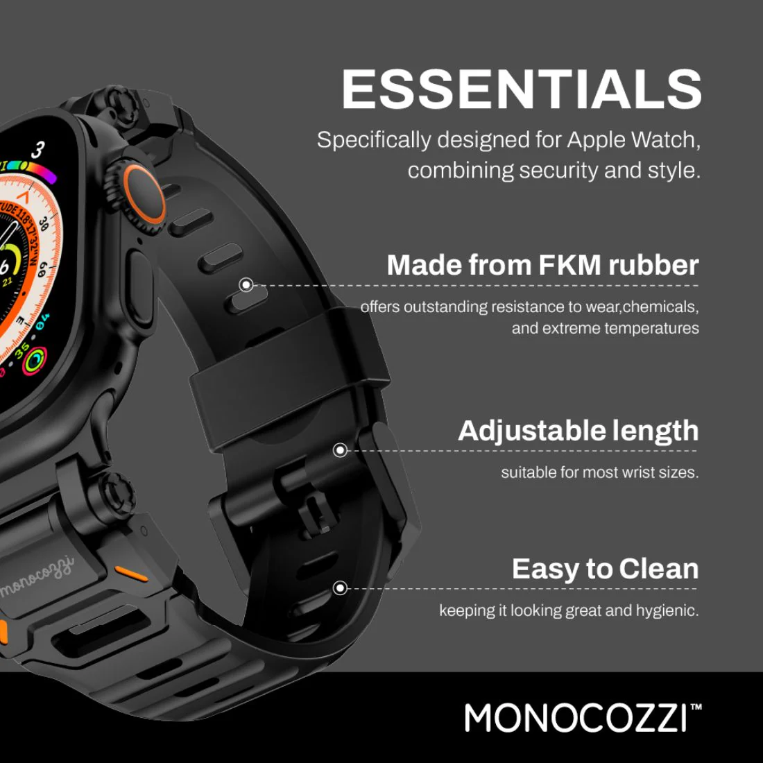 Monocozzi ESSENTIALS Robust FKM Rubber Strap 44/45/46/49mm Black - Image 7