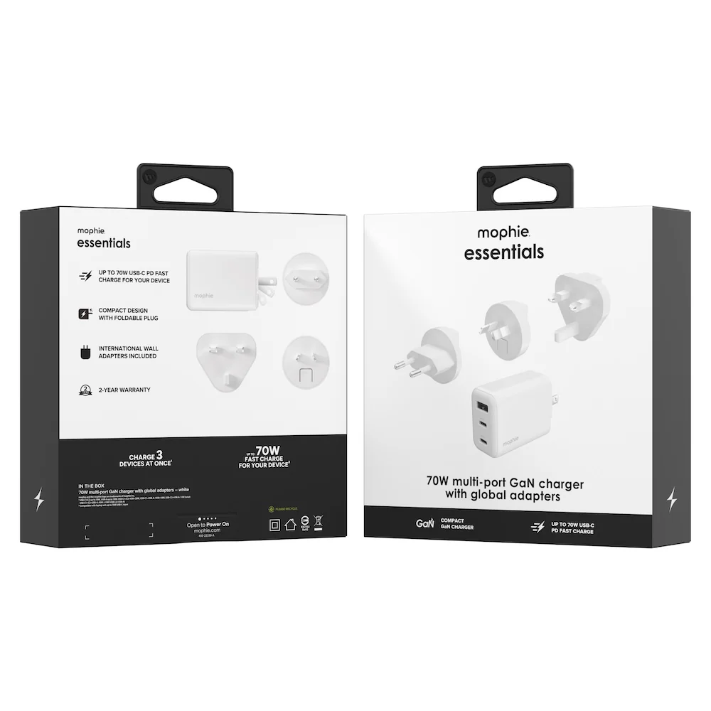 Mophie Essentials 70W GaN Wall Charger 3 with Travel Plugs - White - Image 16