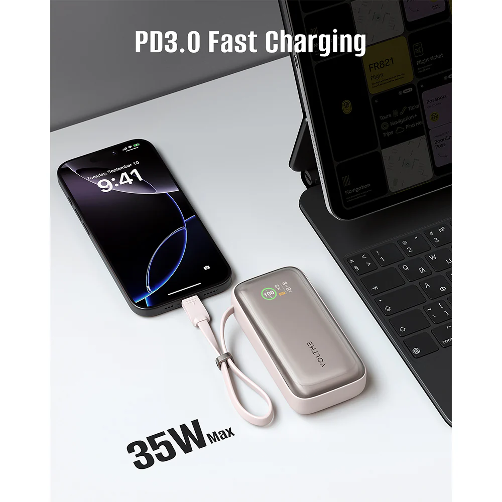 Voltme Hypercore Z 10K mAh PowerBank with Built-in USB-C Cable Sakura - Image 2