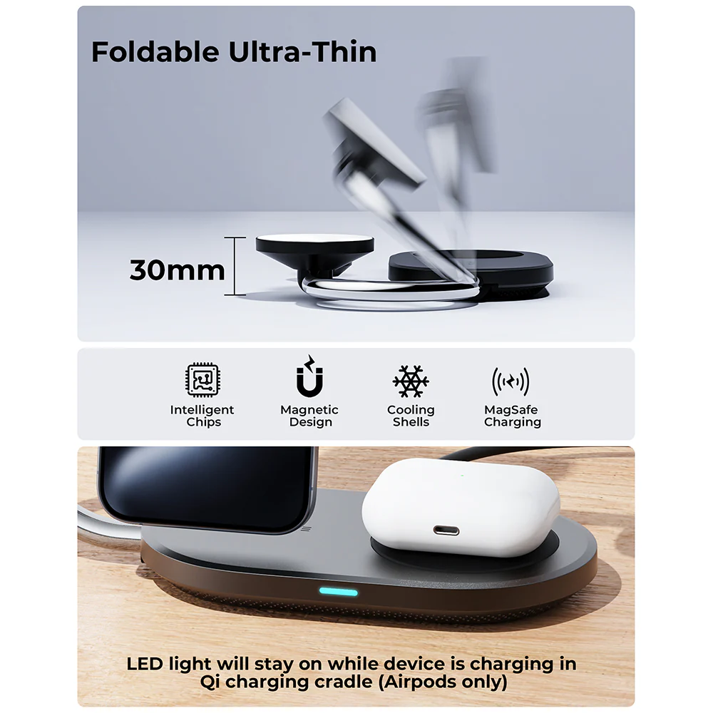 Voltme MagPak Qi2 15W 3-in-1 Wireless Charger with 40W Wall Plug + 1.5m Cable Black - Image 3