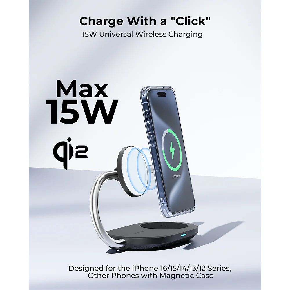 Voltme MagPak Qi2 15W 3-in-1 Wireless Charger with 40W Wall Plug + 1.5m Cable Black - Image 4